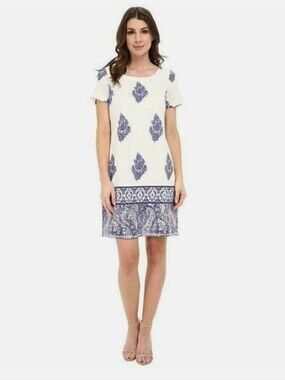 100% Cotton Adrianna Papell White Dress with Navy Floral Print Size 6